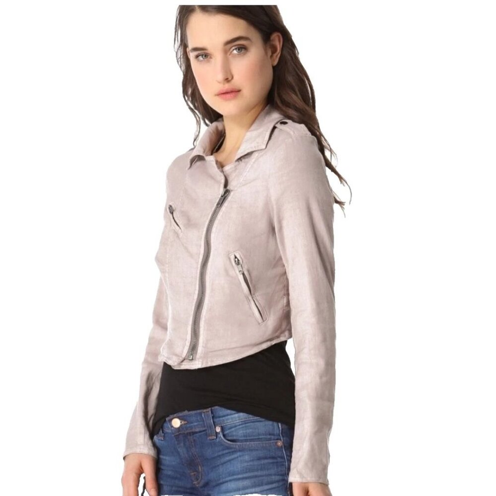 FREE PEOPLE Linen Neutral Blush Pink Cropped Moto Jacket SZ 4 - Picture 7 of 10
